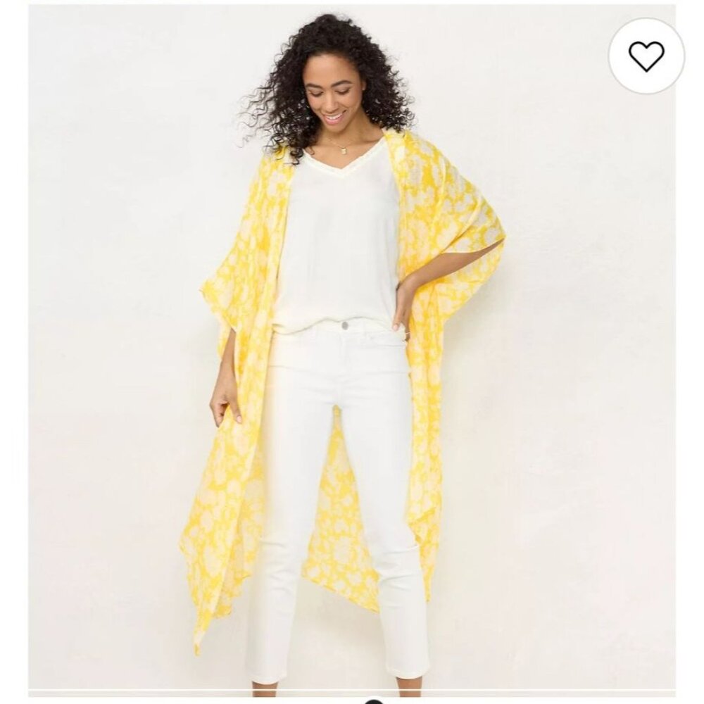 Lauren Conrad Ruana Duster $50 Yellow White Floral Kimono Wrap Cover Up Boho Boh